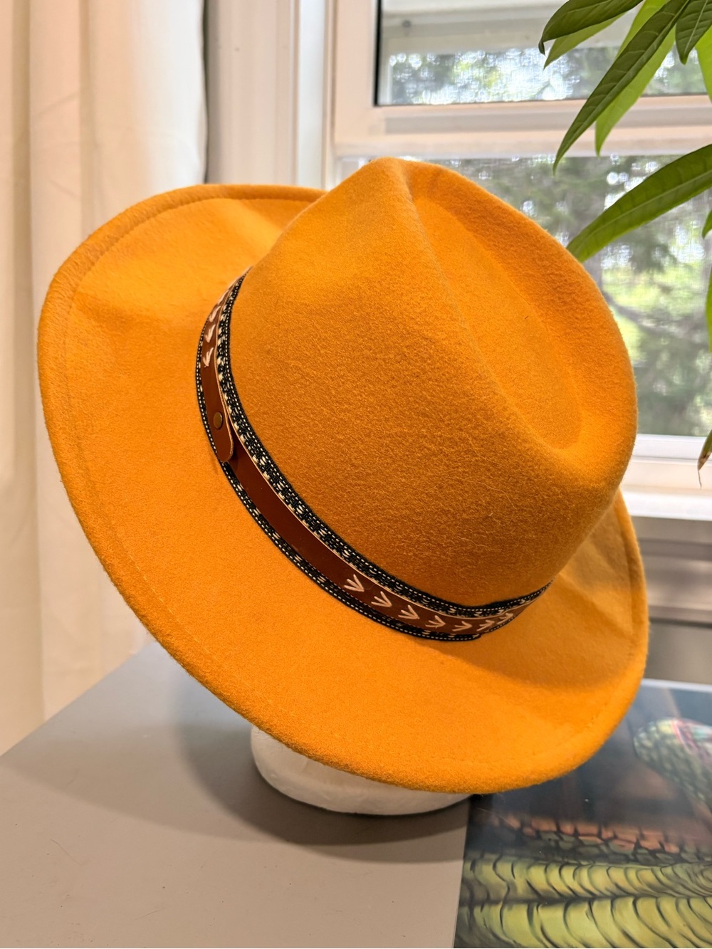 Women’s /Men's Orange/Yellow Felt Fedora Hat with Black Trim Band